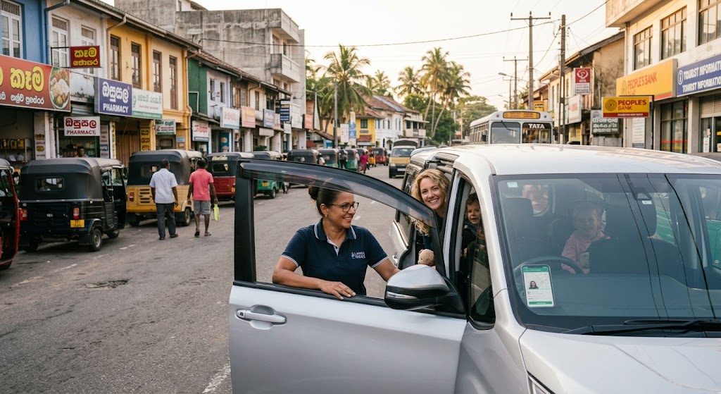 A woman driver holding open the door of her taxi on a Sri Lankan street, passengers seated inside