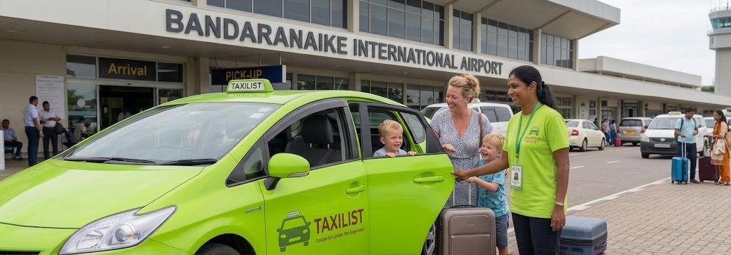 A woman driver beside a TaxiList car at Bandaranaike International Airport arrivals, greeting a mother and two young children